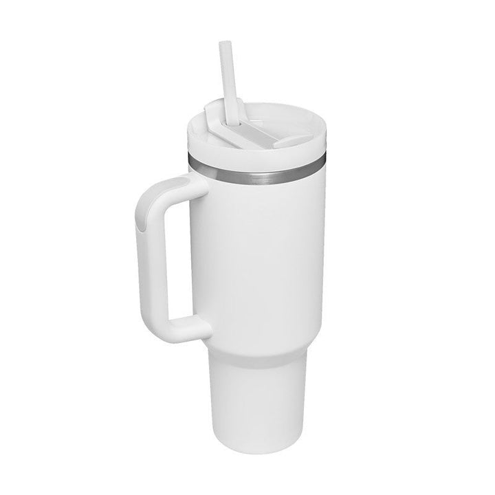Reusable insulated water tumbler, large capacity, with a handle & straw for hydration on the go.