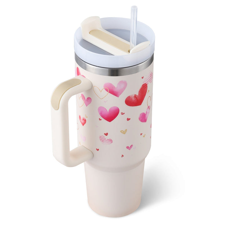 Large capacity insulated water bottle & travel mug. Unisex design with handle & straw for easy carrying.