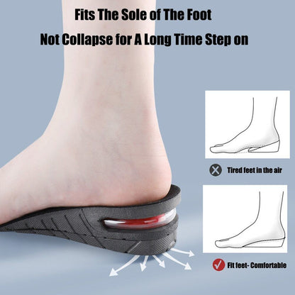 Pair of shock-absorbing shoe lifts, designed as invisible insoles for unisex height increase & footwear comfort.