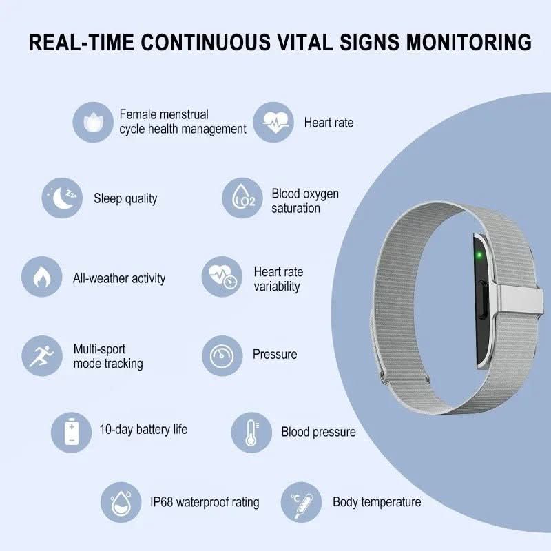 Health monitor smartwatch with IP68 rating, tracks heart rate, blood oxygen, and workout performance.