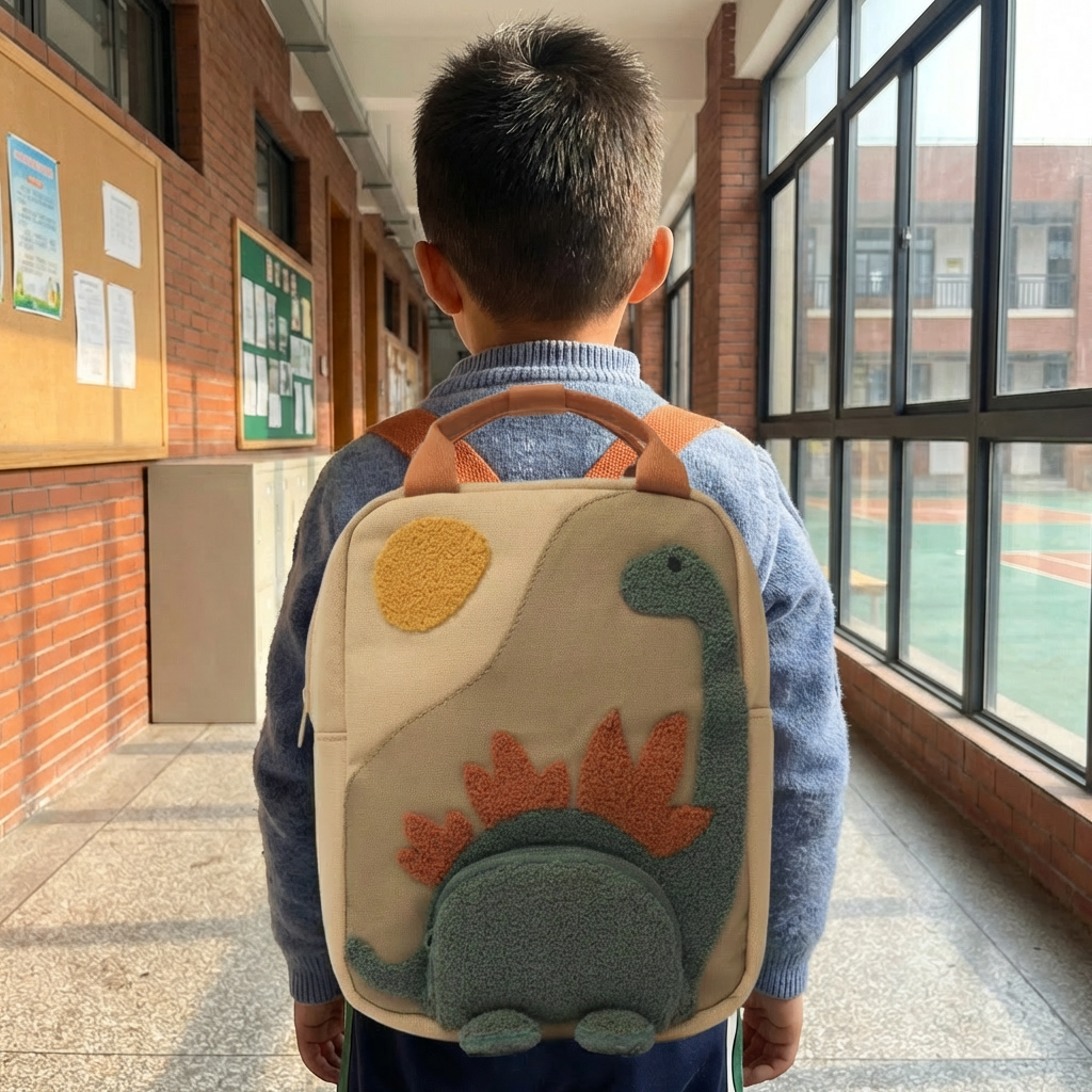 Cute junior boys & girls dinosaur backpack, a beige adventure school bag for toddlers & children's daily use.
