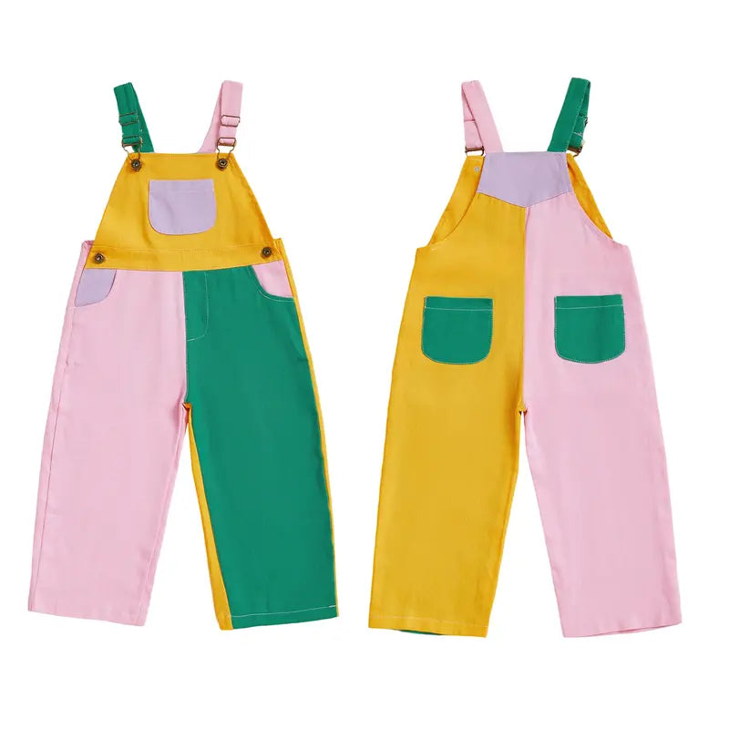 Vibrant colorblock cotton twill overalls for kids, featuring adjustable straps, perfect for playtime.
