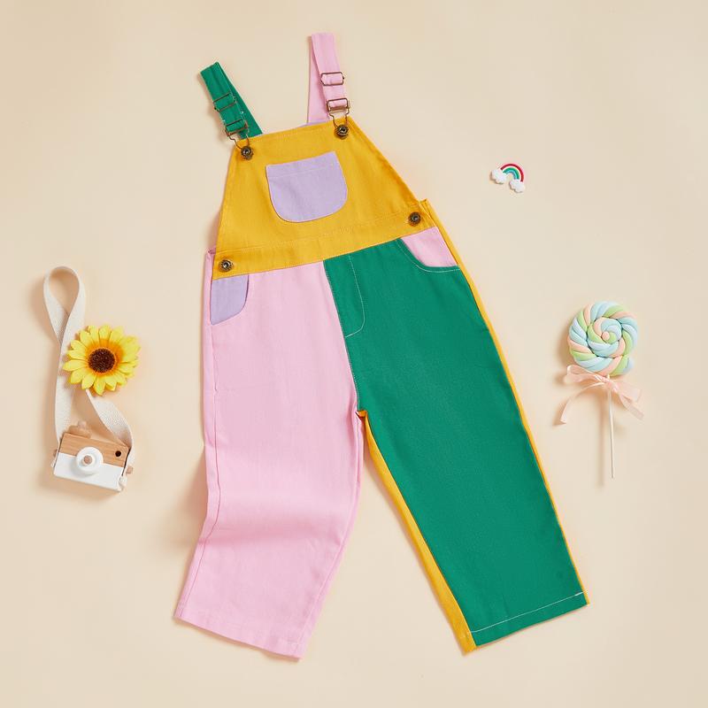 Unisex cotton twill colorblock overalls for infants & toddlers, comfortable & durable playwear.