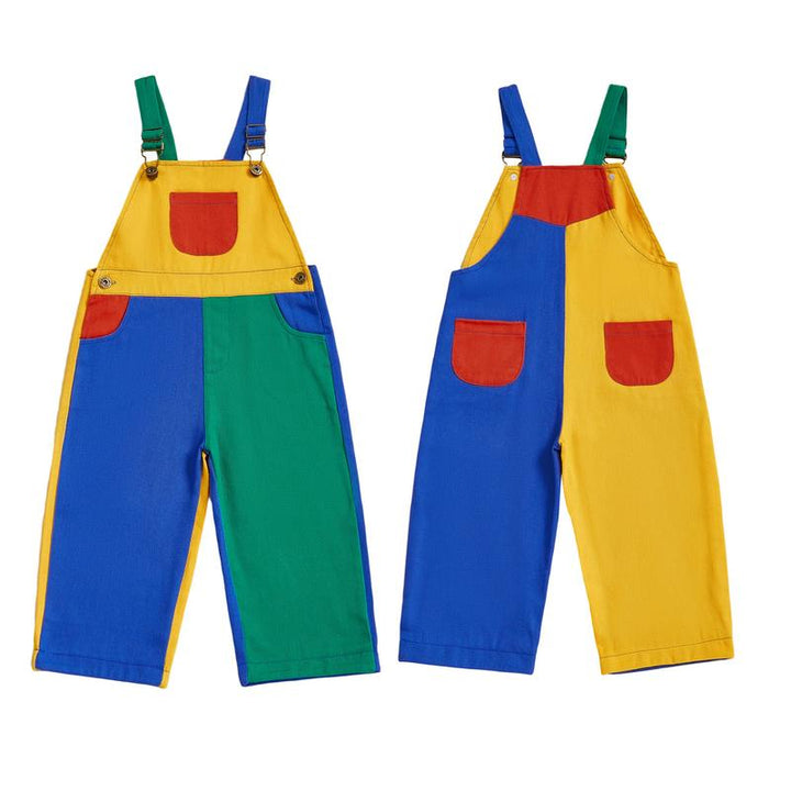 Kids colorblock cotton twill overalls for toddlers, durable and comfortable for playtime adventures.