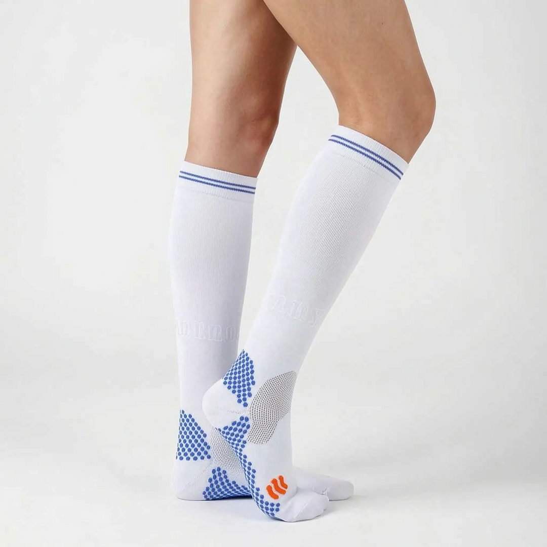 Durable unisex knee-high compression socks for long runs, gym workouts & post-exercise recovery.