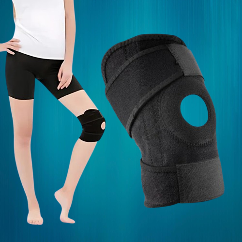 Neoprene knee brace providing pain relief and support for injury recovery and arthritis.