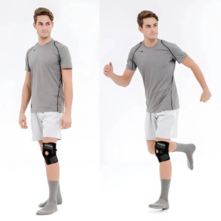 Adjustable compression knee support for sports stability, protecting joints during athletic activity.