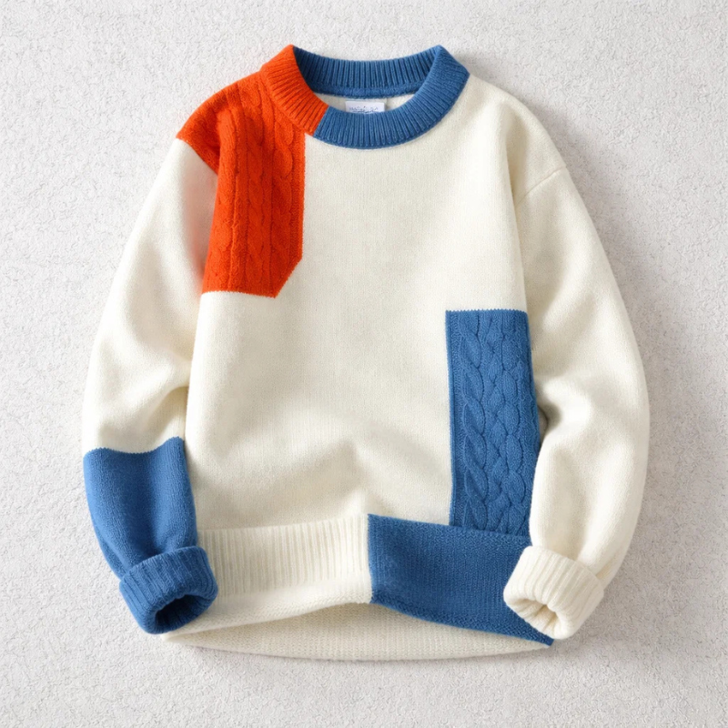 Unisex knitted sweater with unique color block pattern, offering cozy warmth for fall & winter casual wear.