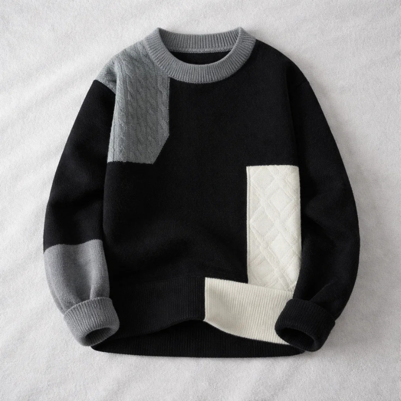 Cozy unisex knitted sweater in a unique patterned style, providing warm comfort for chilly fall and winter days.