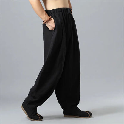 Close-up of soft Kodama baggy pants showing the adjustable drawstring waist for ultimate comfort.