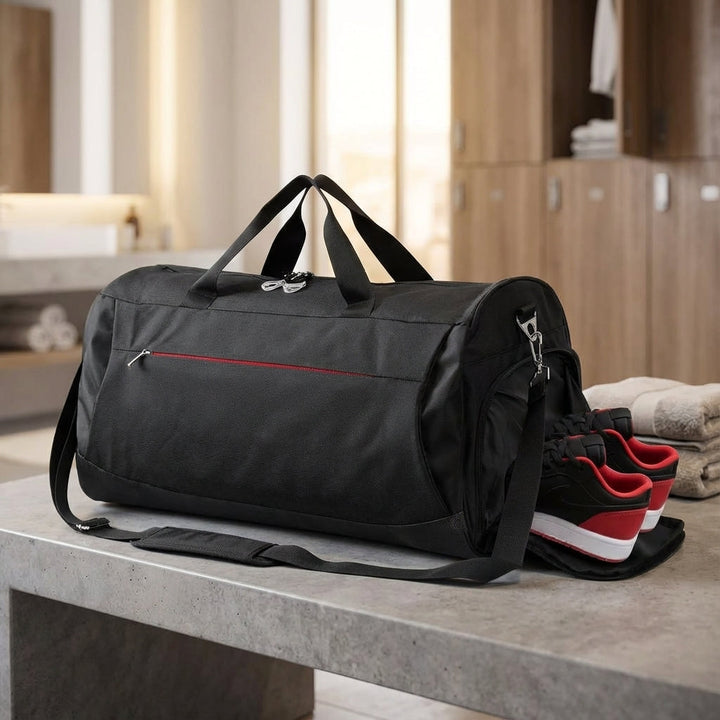 Unisex large black sports duffle bag, 45L, with shoe compartment, perfect for gym, travel, or weekend trips. Waterproof.
