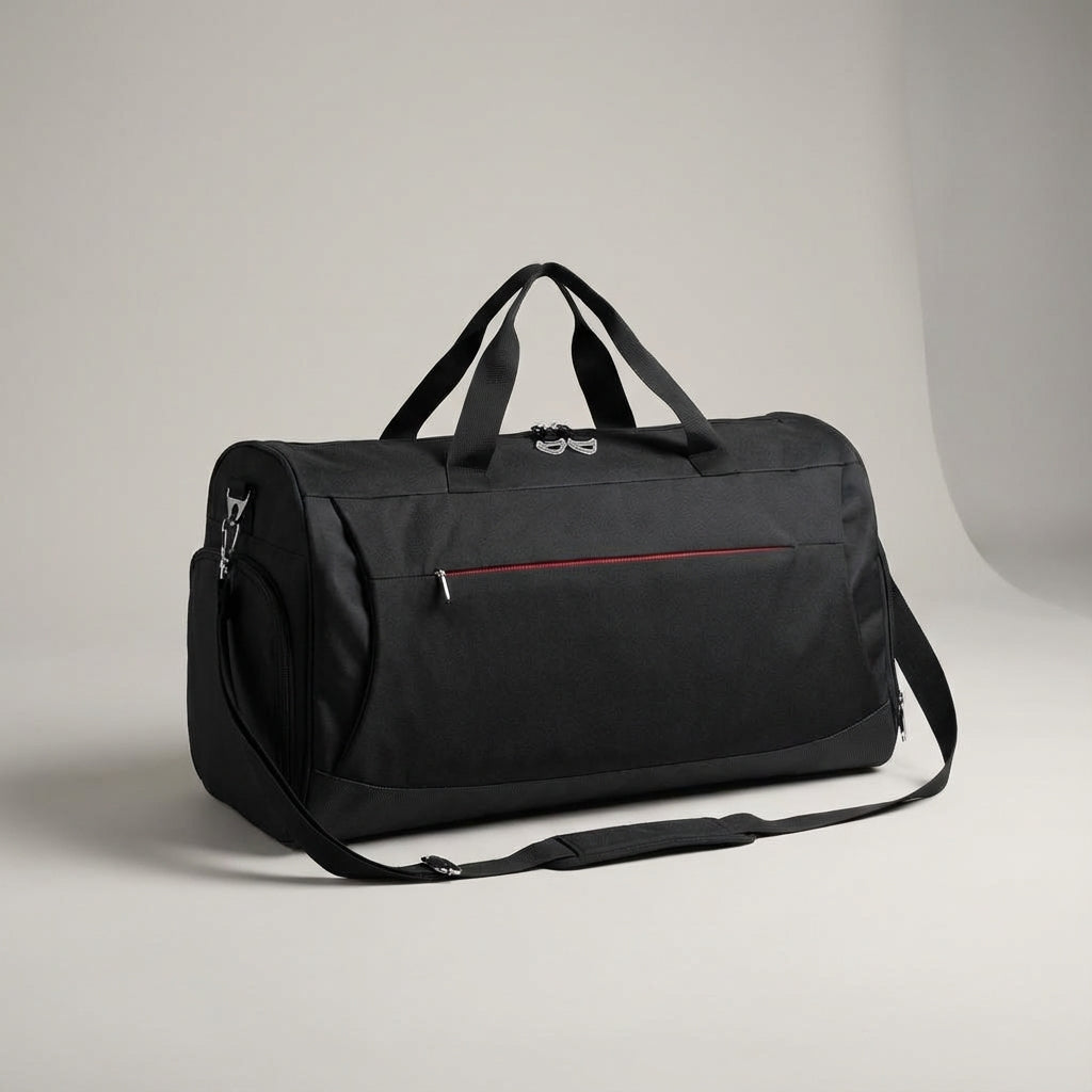 Waterproof black 12-gallon unisex duffle bag for sports & travel. Features a separate shoe compartment for gym gear.