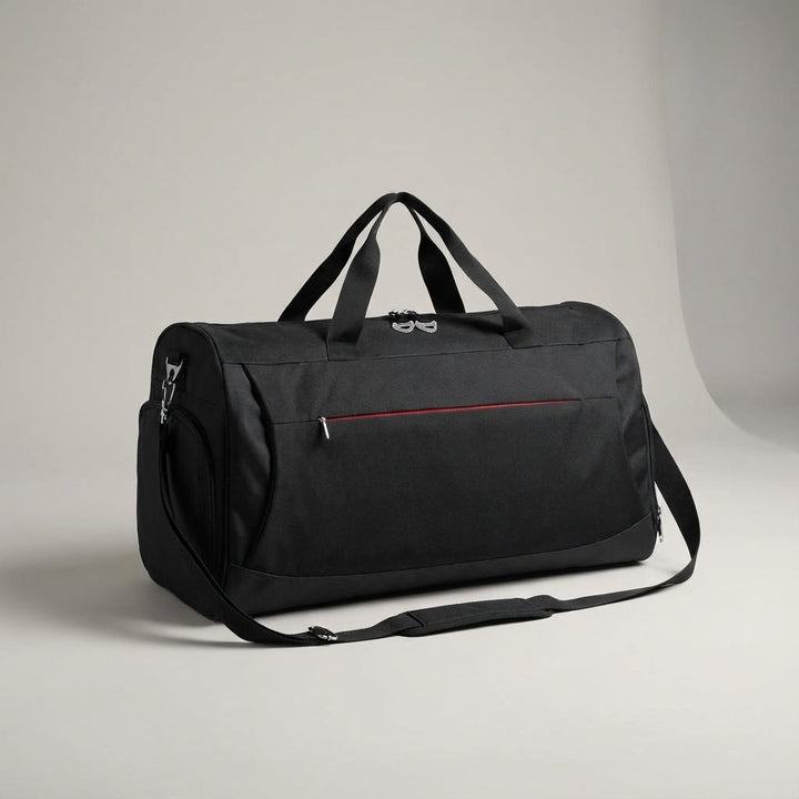Waterproof black 12-gallon unisex duffle bag for sports & travel. Features a separate shoe compartment for gym gear.