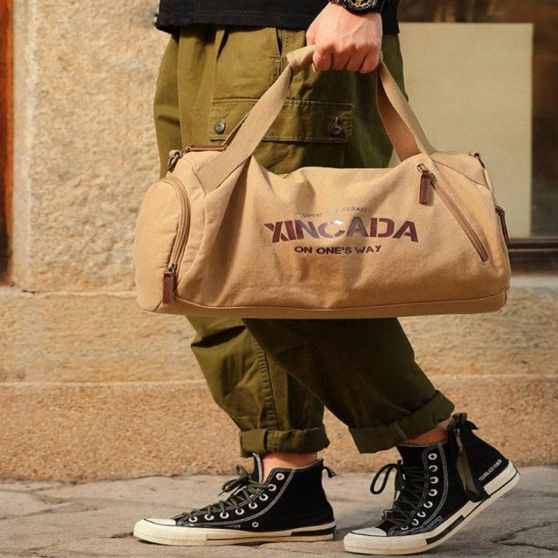 Unisex Large Capacity Canvas Travel Duffel Bag, ideal for weekend trips, with durable brown fabric and leather accents.