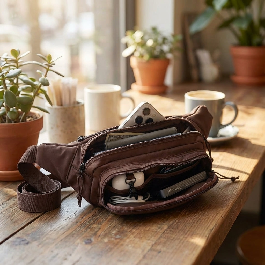Unisex large capacity fanny pack for travel essentials, featuring durable nylon and multiple zipper pockets.