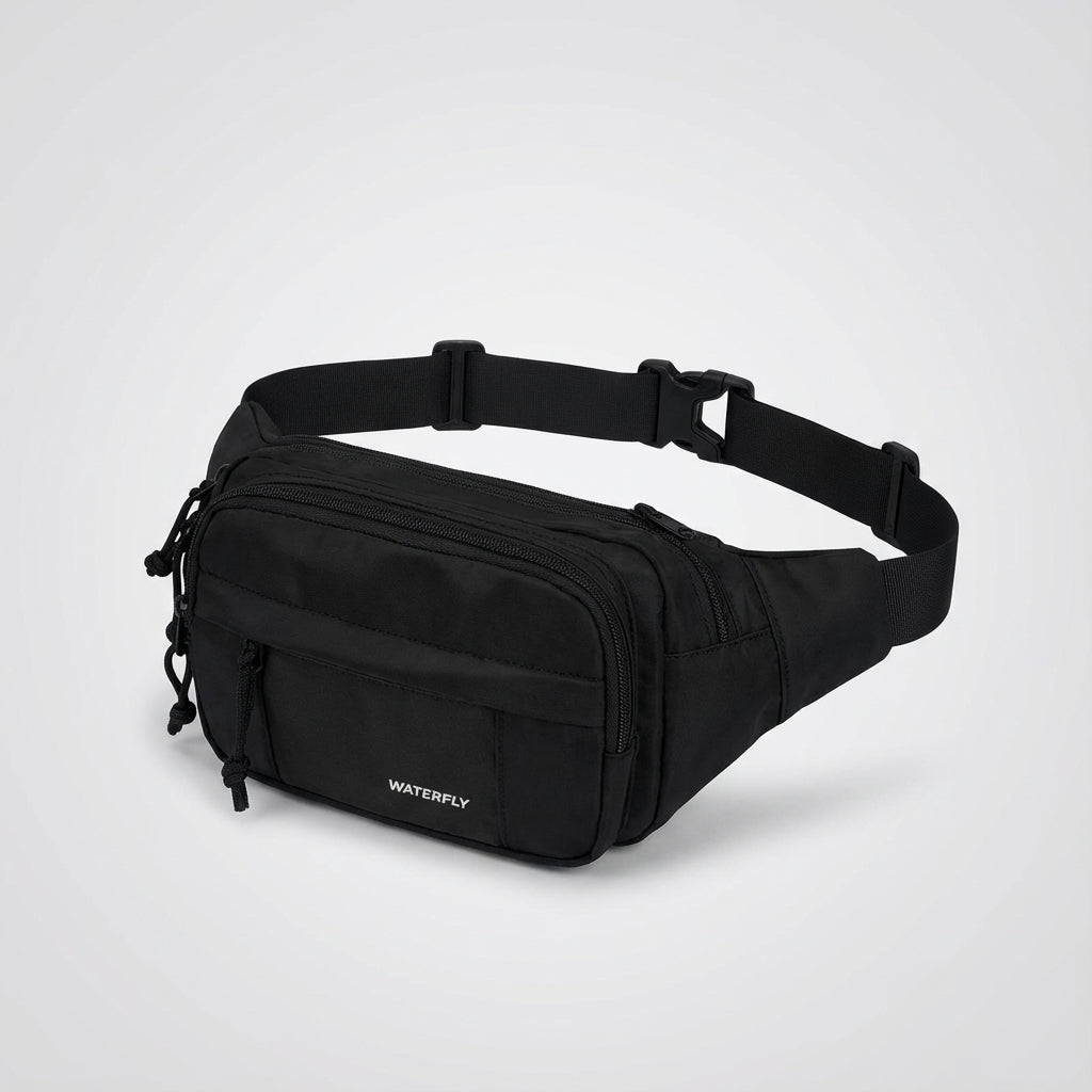 Durable black nylon large fanny pack with secure zippers, ideal for travel, sports, and everyday carry.