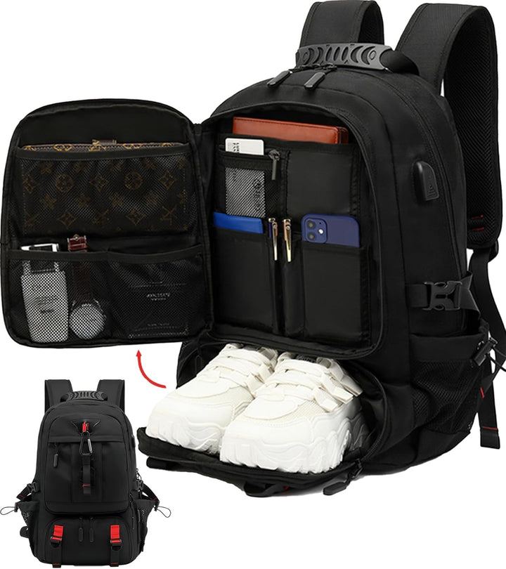 Unisex large capacity travel backpack in black, perfect for carry-on luggage & adventure.