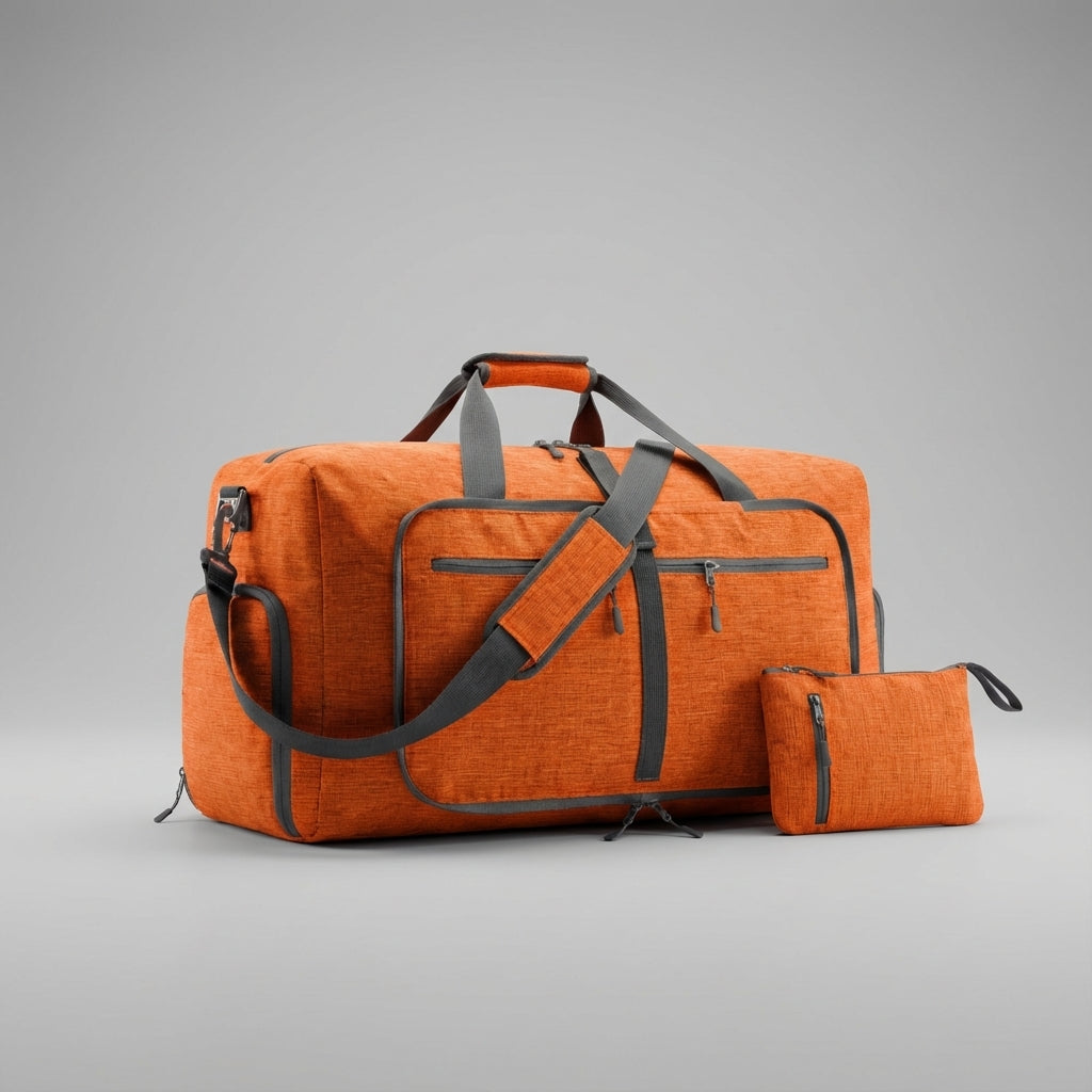 Foldable travel duffel bag in a neutral color. Great for weekend getaways or daily gym use.