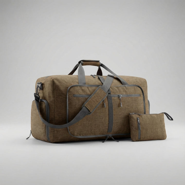 Spacious foldable travel duffel with waterproof fabric & shoe compartment. Perfect for any trip.
