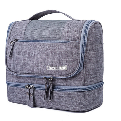 Unisex large hanging toiletry bag for travel, multi-compartment organization of cosmetics & bathroom essentials.