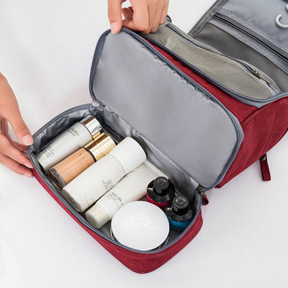 Convenient large multi-compartment hanging travel toiletry bag, excellent portable storage for makeup & toiletries.