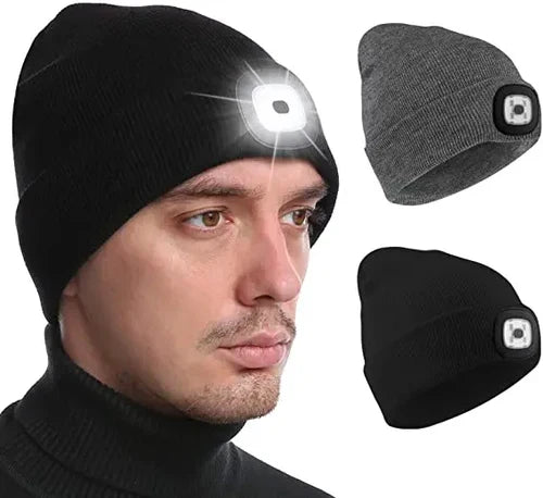 Unisex LED beanie hat, warm knitted winter accessory for outdoor adventures & night safety.
