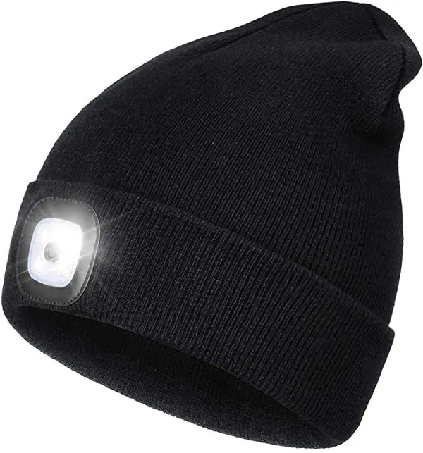 Knitted LED beanie hat, perfect warm accessory for winter sports, running, or hiking, ensures night safety.
