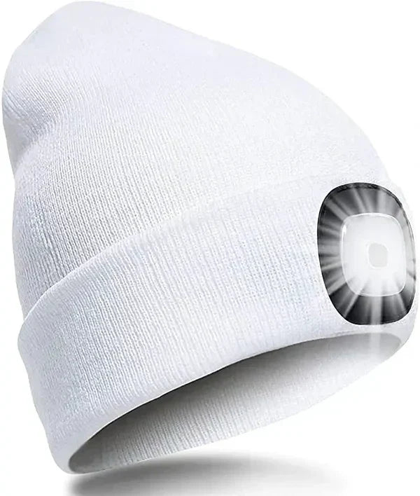 Unisex warm beanie hat with integrated LED light, ideal for winter outdoor gear & night time visibility.