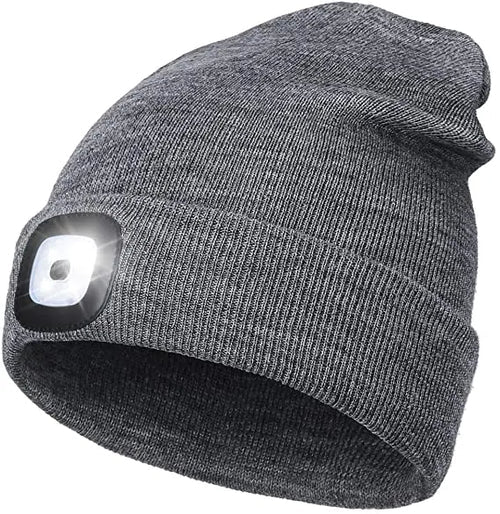 Bright LED beanie hat, a warm knitted unisex winter accessory perfect for outdoor visibility & night safety.