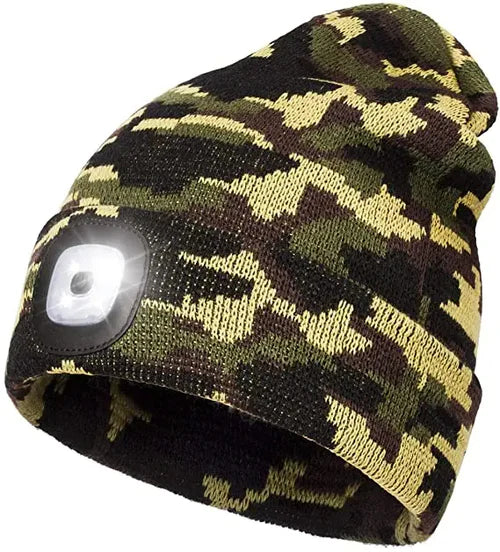 Cozy knitted LED beanie hat, a warm unisex accessory designed for winter, outdoor use & enhanced night safety.