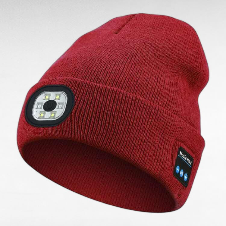 Unisex winter LED Bluetooth beanie, gray, laid flat to show full LED display area and soft lining, warm and practical.