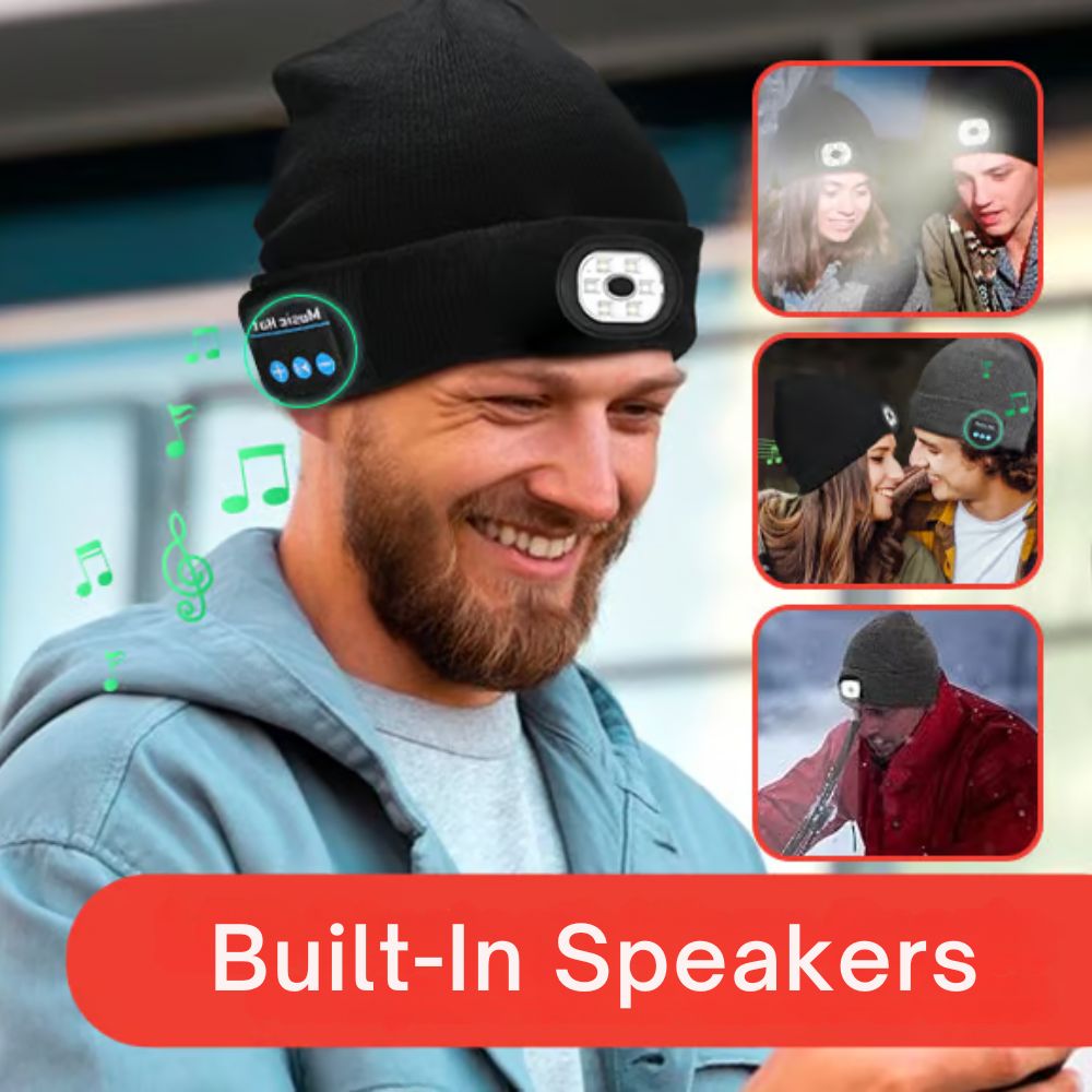 Unisex winter LED Bluetooth beanie, gray, with integrated headphones, perfect for music and visibility while running.