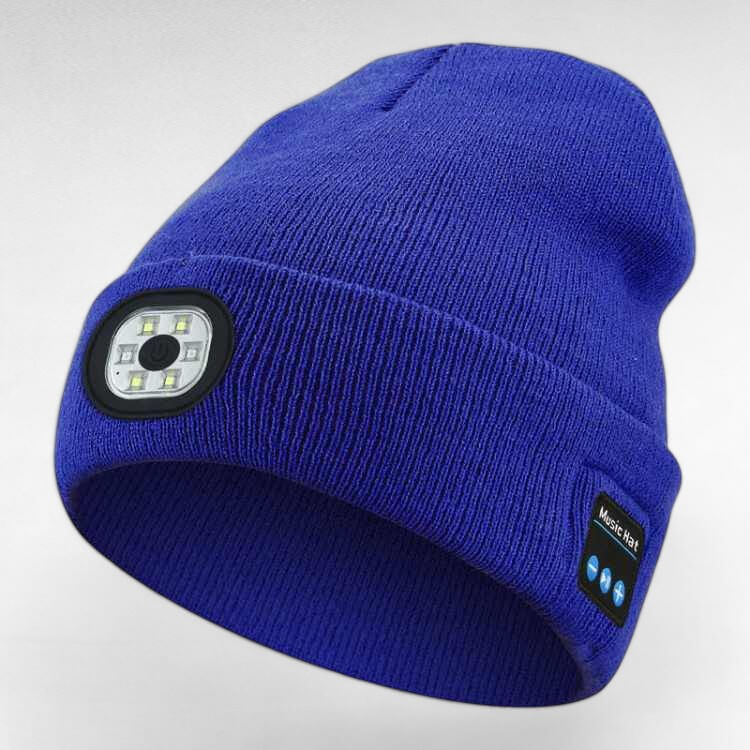 Unisex LED Bluetooth beanie, black, with a clear view of the rechargeable battery port, for warm headwear.