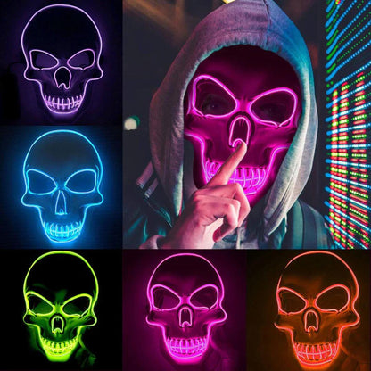 Bright LED glow skeleton mask. Light-up Halloween party costume for a spooky festival rave.