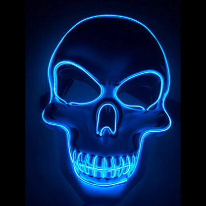 Scary skeleton LED mask; a glowing Halloween party costume for adults. Unisex festival rave accessory.