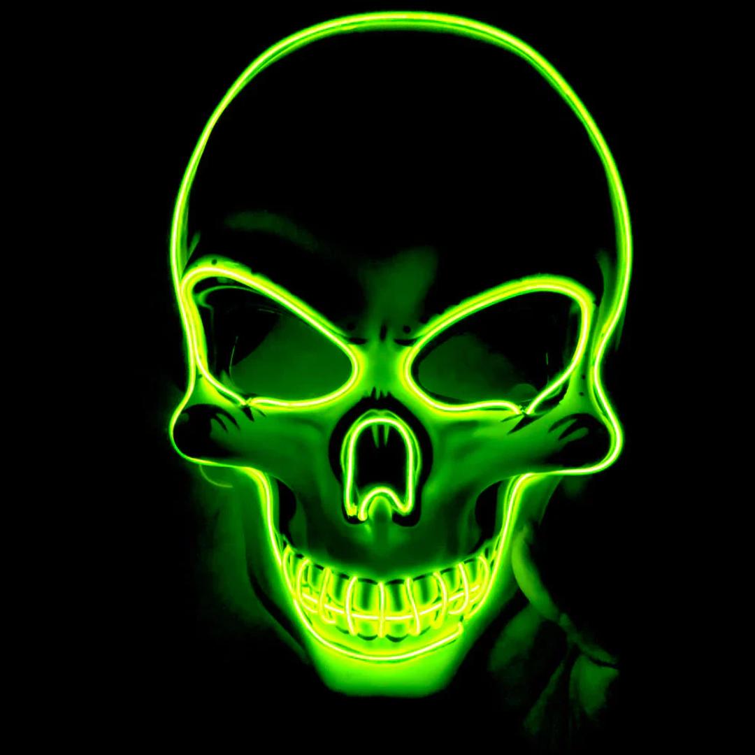 Skull-faced LED glow mask, perfect Halloween costume accessory. Light up your spooky party or festival rave.