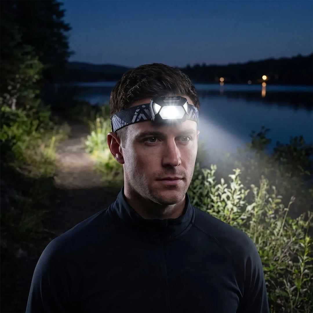 Unisex LED headlamp, adjustable, for hands-free outdoor adventures, camping, hiking, and task lighting.