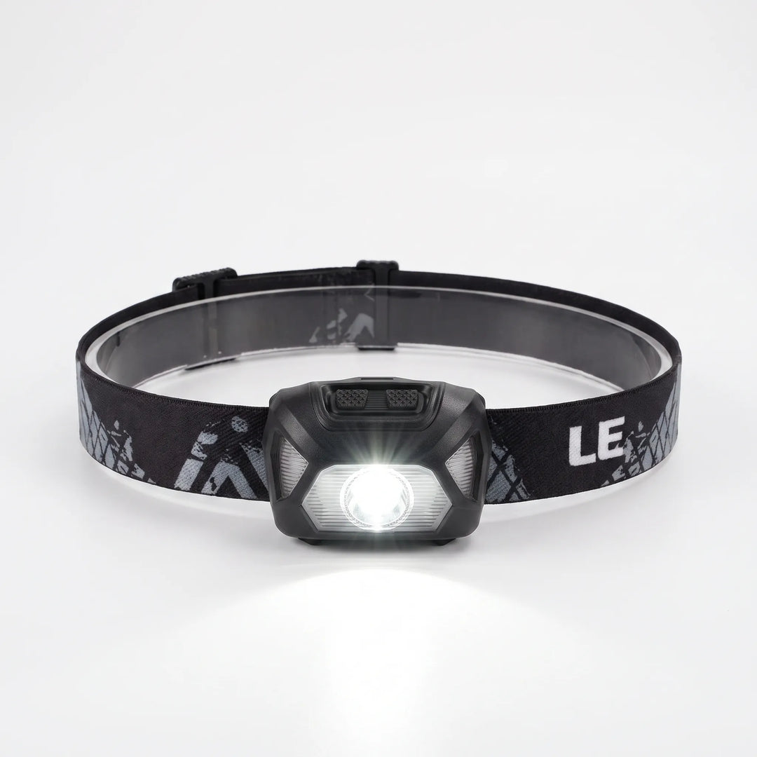 Bright, adjustable LED headlamp for outdoor activities, camping, hiking, and emergency hands-free illumination.