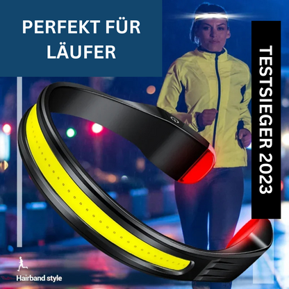 Side view of unisex LED headlamp, showcasing tilt functionality for adjustable beam direction, versatile usage