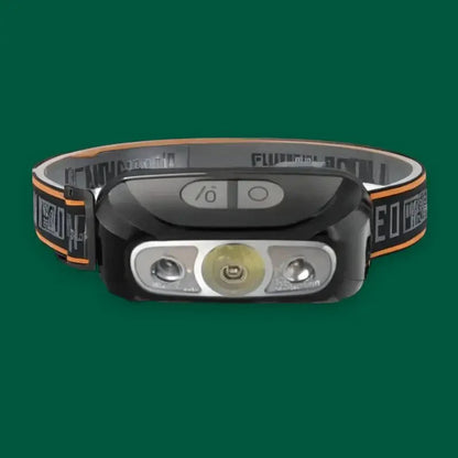 Close-up of motion sensor LED headlamp with adjustable strap, essential gear for camping & hiking