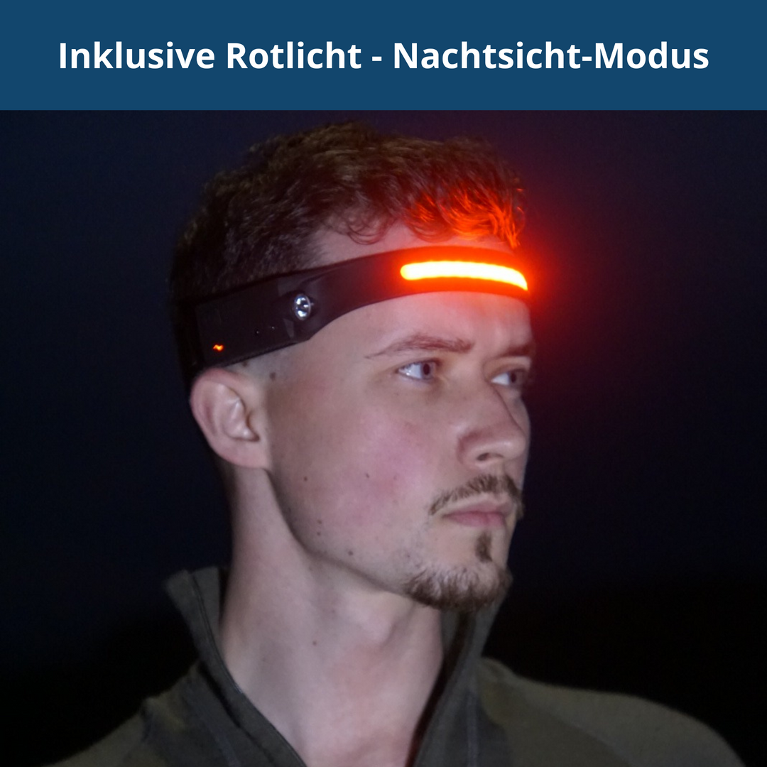 Rechargeable LED headlamp with a wide-angle beam, perfect for hands-free outdoor exploration