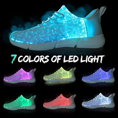 Illuminated unisex sneakers with multiple LED light modes, rechargeable for all-night party & festival fun.