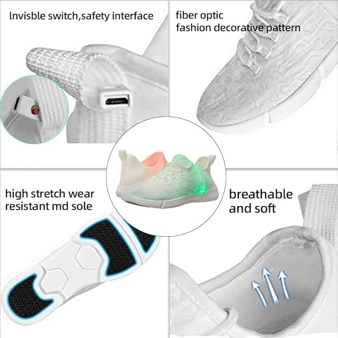 Rechargeable LED light-up sneakers, unisex design ideal for kids' parties, festivals, and dance floors.