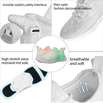 Rechargeable LED light-up sneakers, unisex design ideal for kids' parties, festivals, and dance floors.