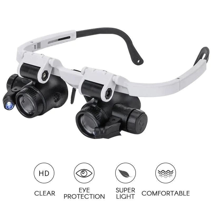 Adjustable LED magnifying glasses for intricate tasks like electronics soldering, model making & watch repair. Clear magnified view.