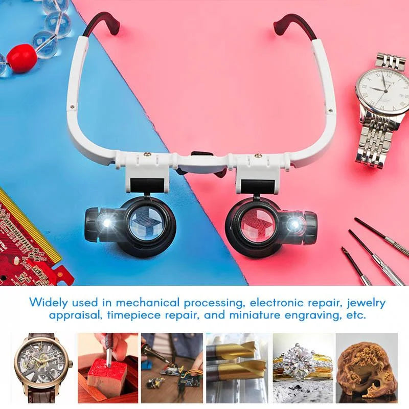 Versatile LED magnifier eyewear for hobbies, reading small print & detailed craftwork. Offers 8x, 15x, 23x magnification with lights.