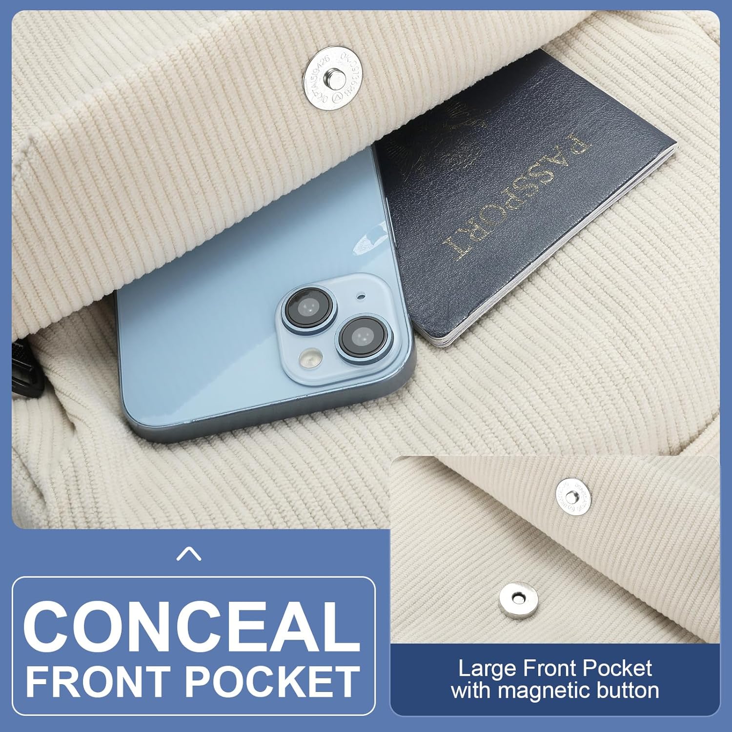 Side profile of water-resistant commuter backpack with multiple storage pockets.