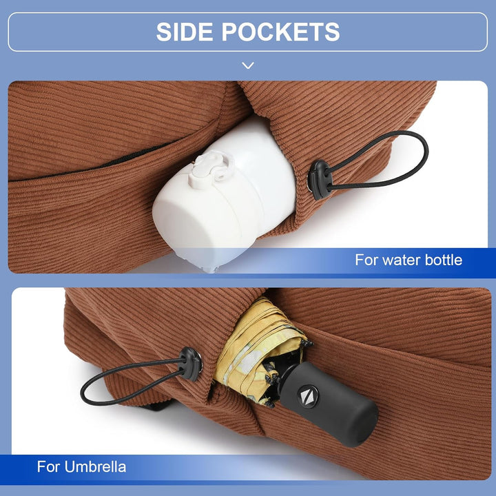 Front pocket detail of a unisex multi-pocket water-resistant laptop backpack.