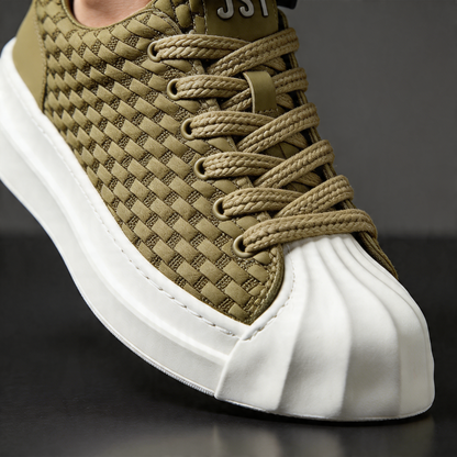 Black unisex air cushion sneakers. Lightweight & breathable athletic footwear for walking and casual wear.