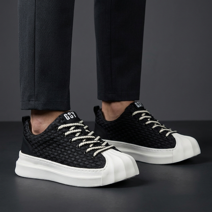 White lightweight air cushion sneakers, unisex design. Perfect breathable footwear for everyday comfort & walking.